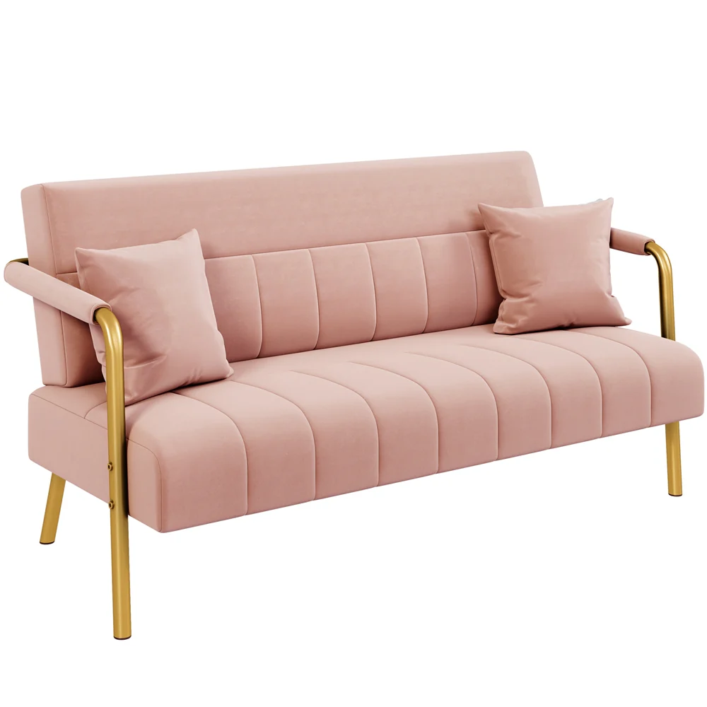 Costoffs Velvet Fabric Sofa Couch, 56.5″ W Modern Loveseat Couch with Gold-tone Metal Arms, Legs & 2 Pillows, Sofa for Living Room, Bedroom Furniture, Pink\u002FGreen\u002FGray