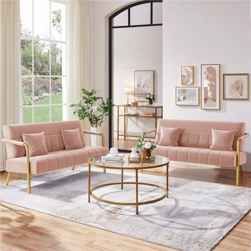 Costoffs Velvet Fabric Sofa Couch, 56.5″ W Modern Loveseat Couch with Gold-tone Metal Arms, Legs & 2 Pillows, Sofa for Living Room, Bedroom Furniture, Pink\u002FGreen\u002FGray