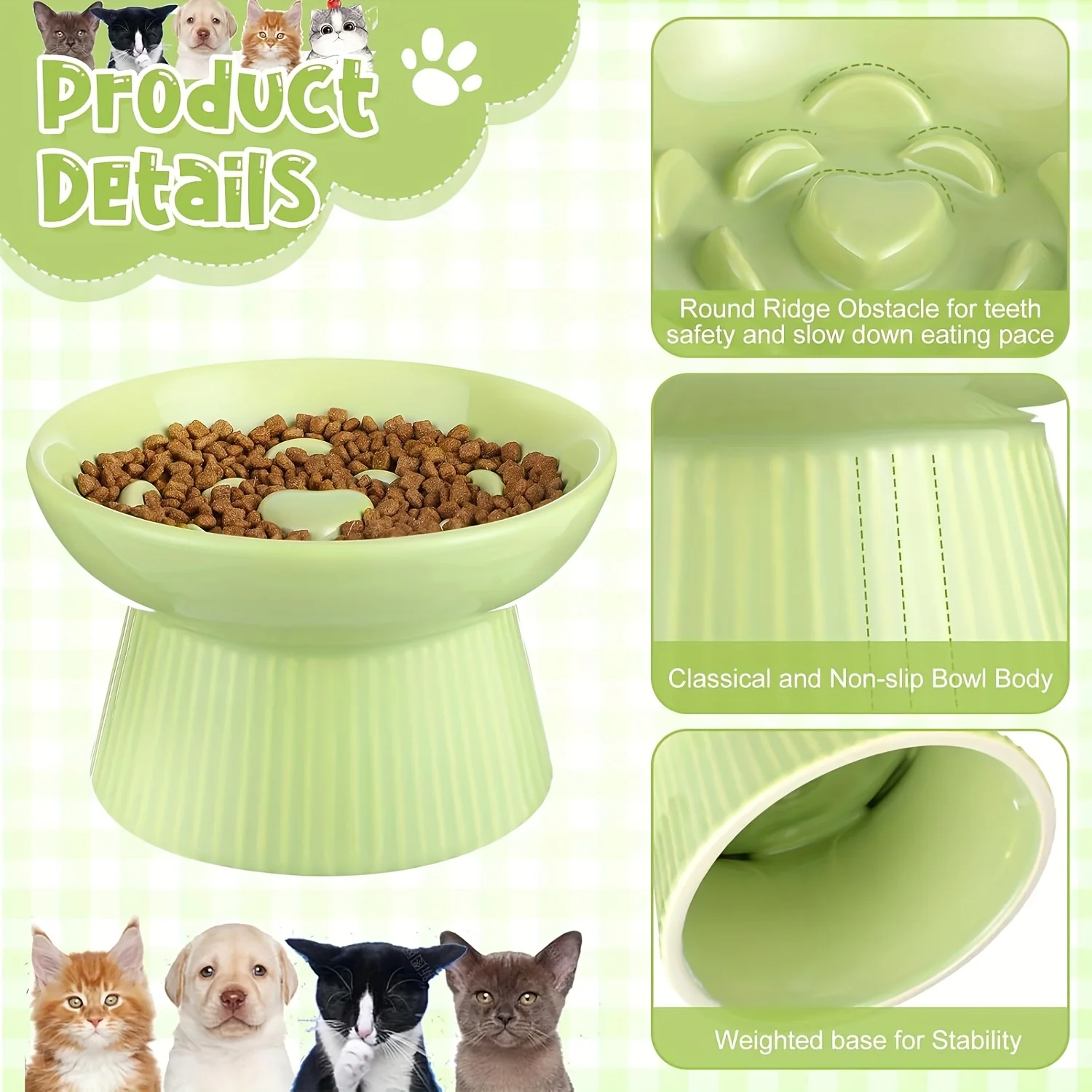 2pcs Ceramic Elevated Slow Feeder Cat Bowls - Heart-Shaped Design, Raised Food & Water Dishes for Cats & Small Dogs, Dishwasher Safe, White & Green Pet Bowls with High Edges to Prevent Spillage, Nontoxic Material, Multipet Households